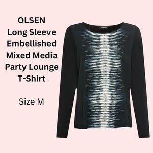 NWT OLSEN size M Long Sleeve Embellished Mixed Media Party Lounge T-Shirt women